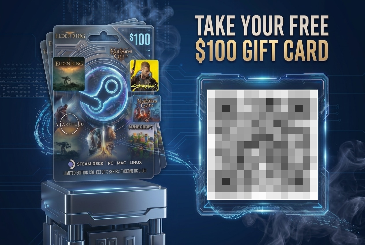 Fake Steam gift card graphic offering a free $100 card, with a QR code (pixelated here)