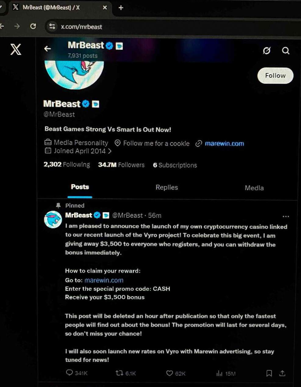 Screenshot of a fake MrBeast X post promoting a crypto casino bonus