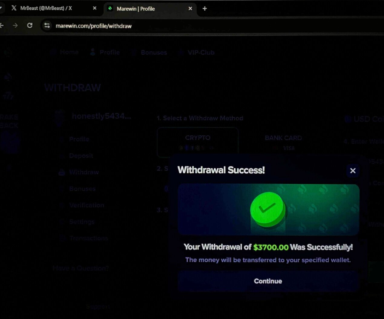 Withdrawal success popup for $3700