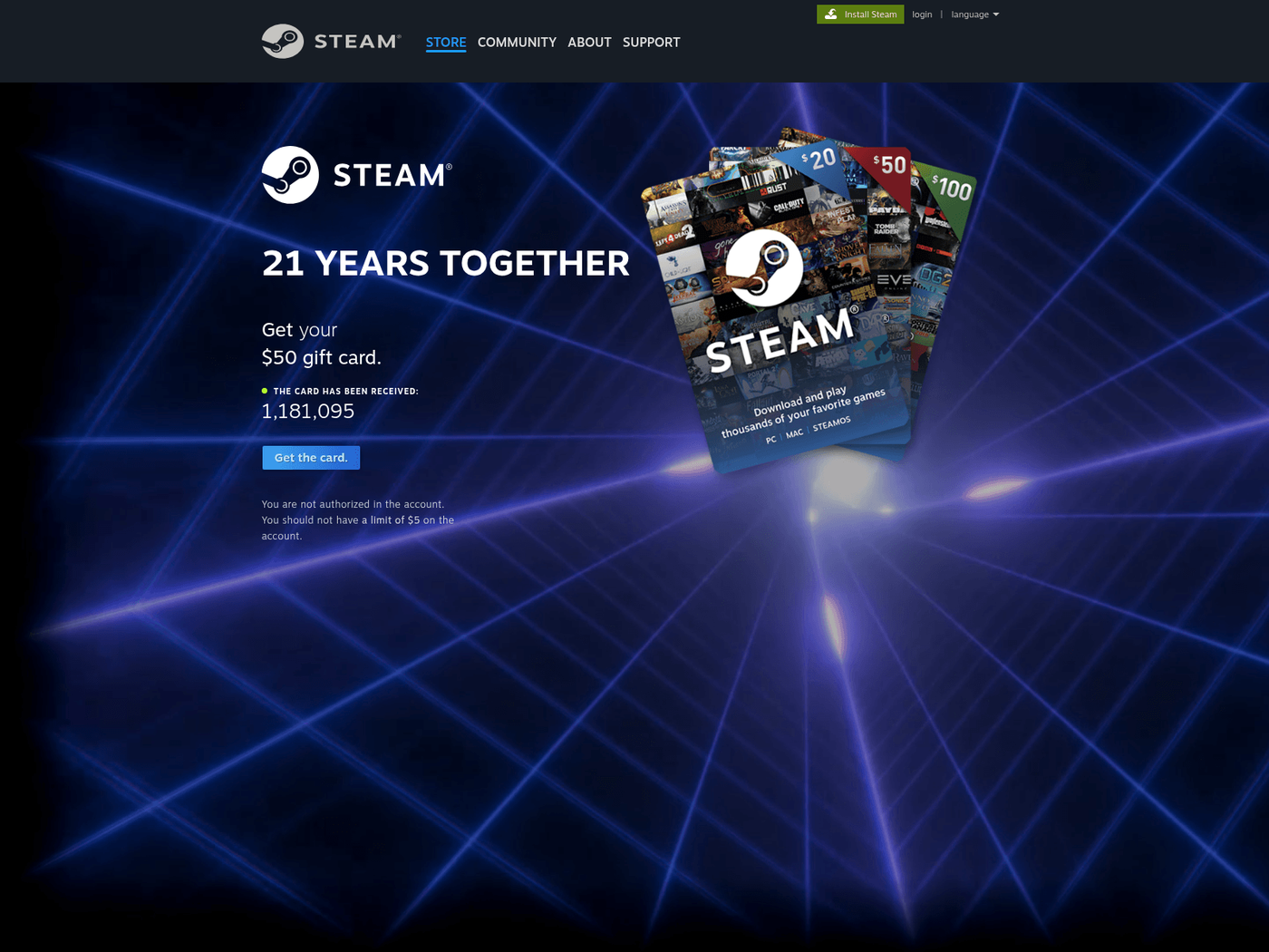 Phishing page styled as Steam reading 21 YEARS TOGETHER, get your $50 gift card